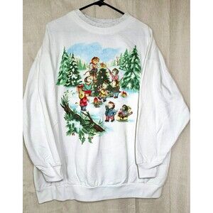 Vintage Christmas Sweatshirt Womens 1X White Cats Kittens Decorating Tree